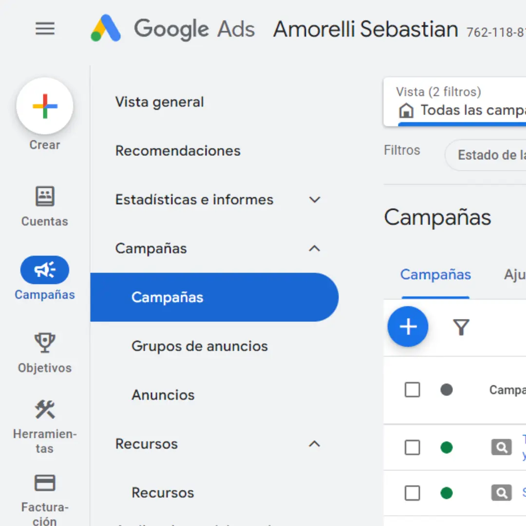 Panel de campañas en Google Ads